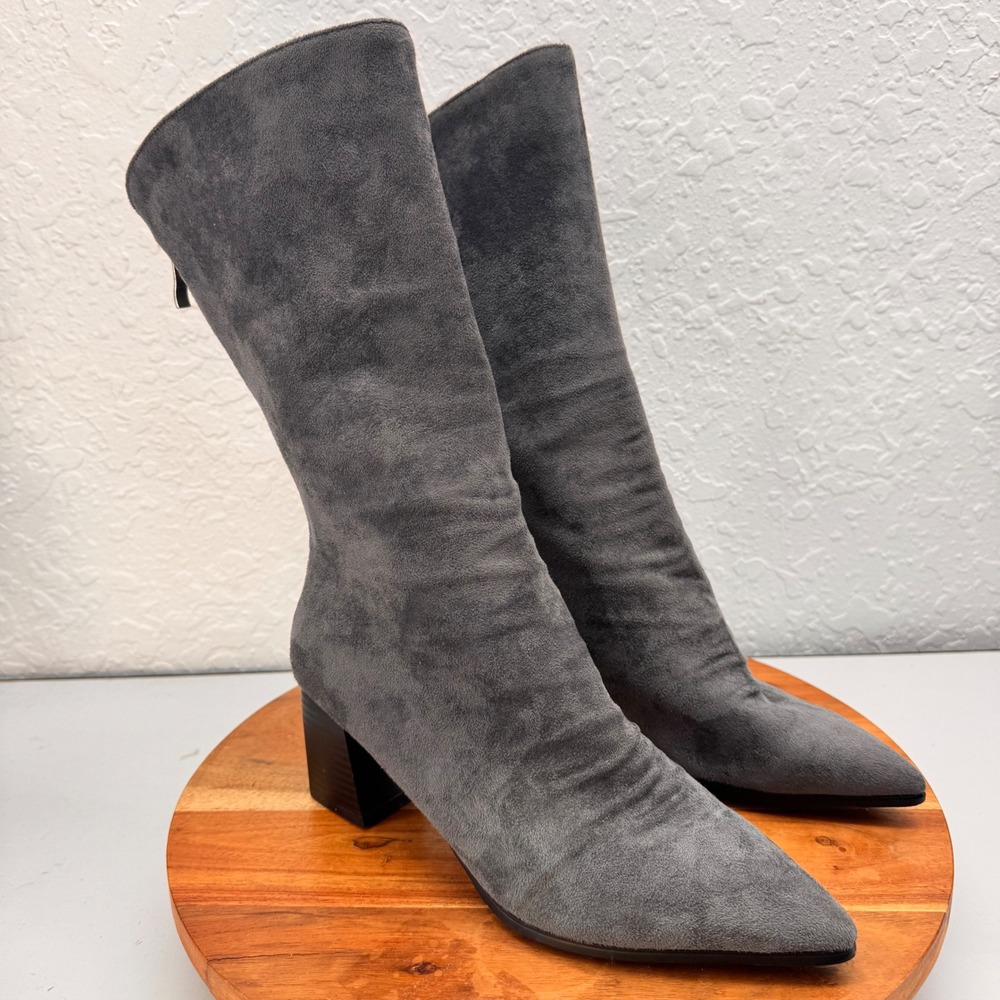 Vero Cuio Gray Suede Pointed Toe Block Heel Mid-Calf Boots Back Zip Size 245 7.5
